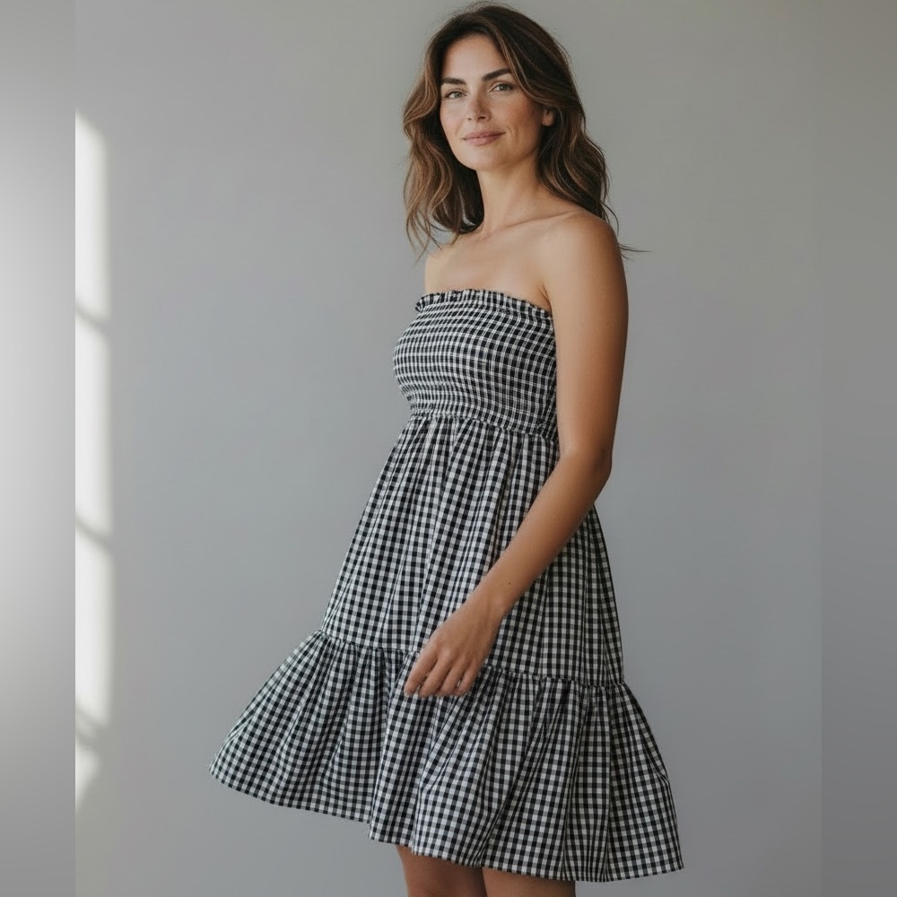 Black and White Gingham Strapless Dress Resort Wear One Size Fits All New